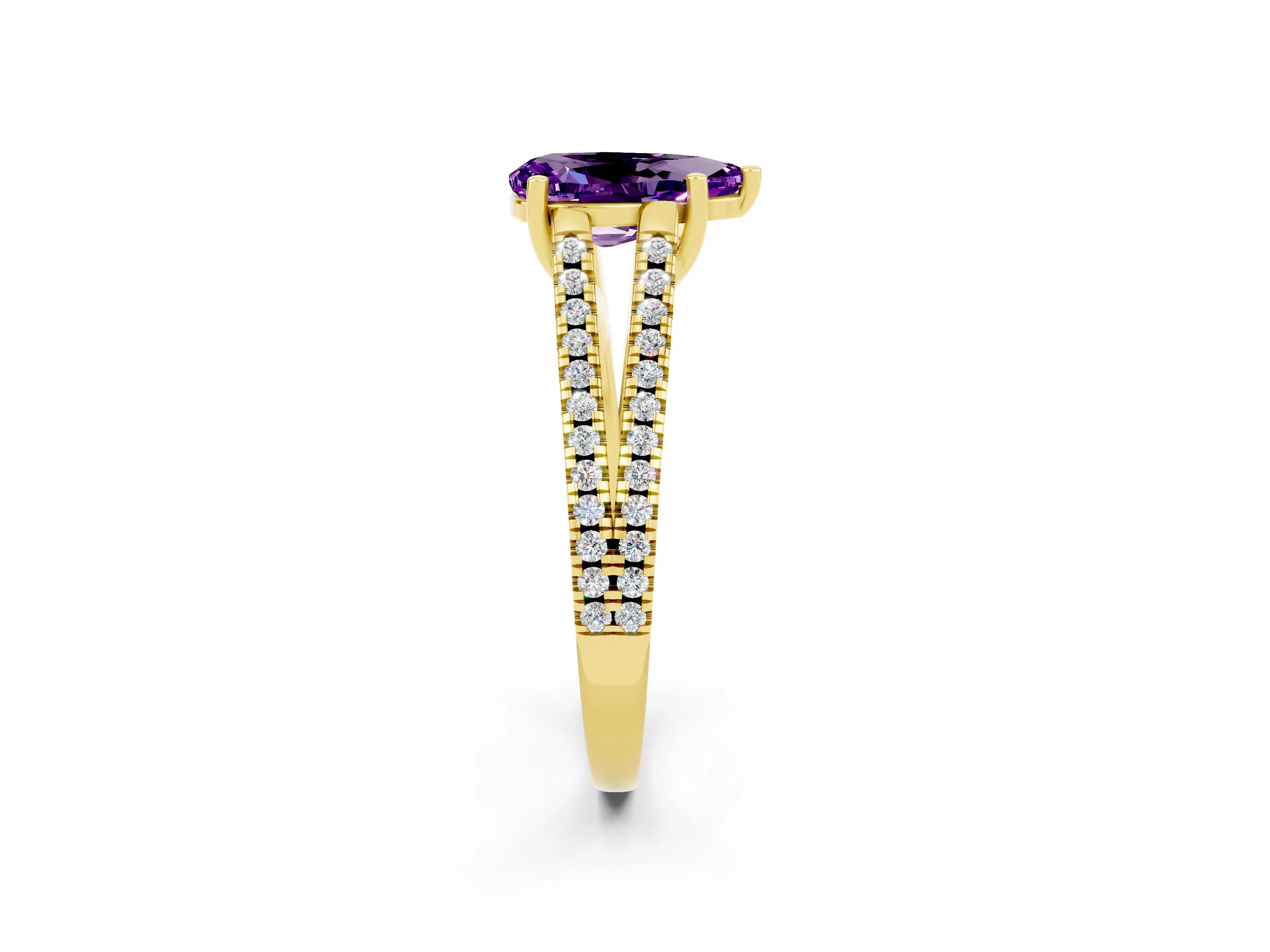 Yellow gold Pear Cut Amethyst Solitaire Engagement Ring with Split Shank Pavé Band_2