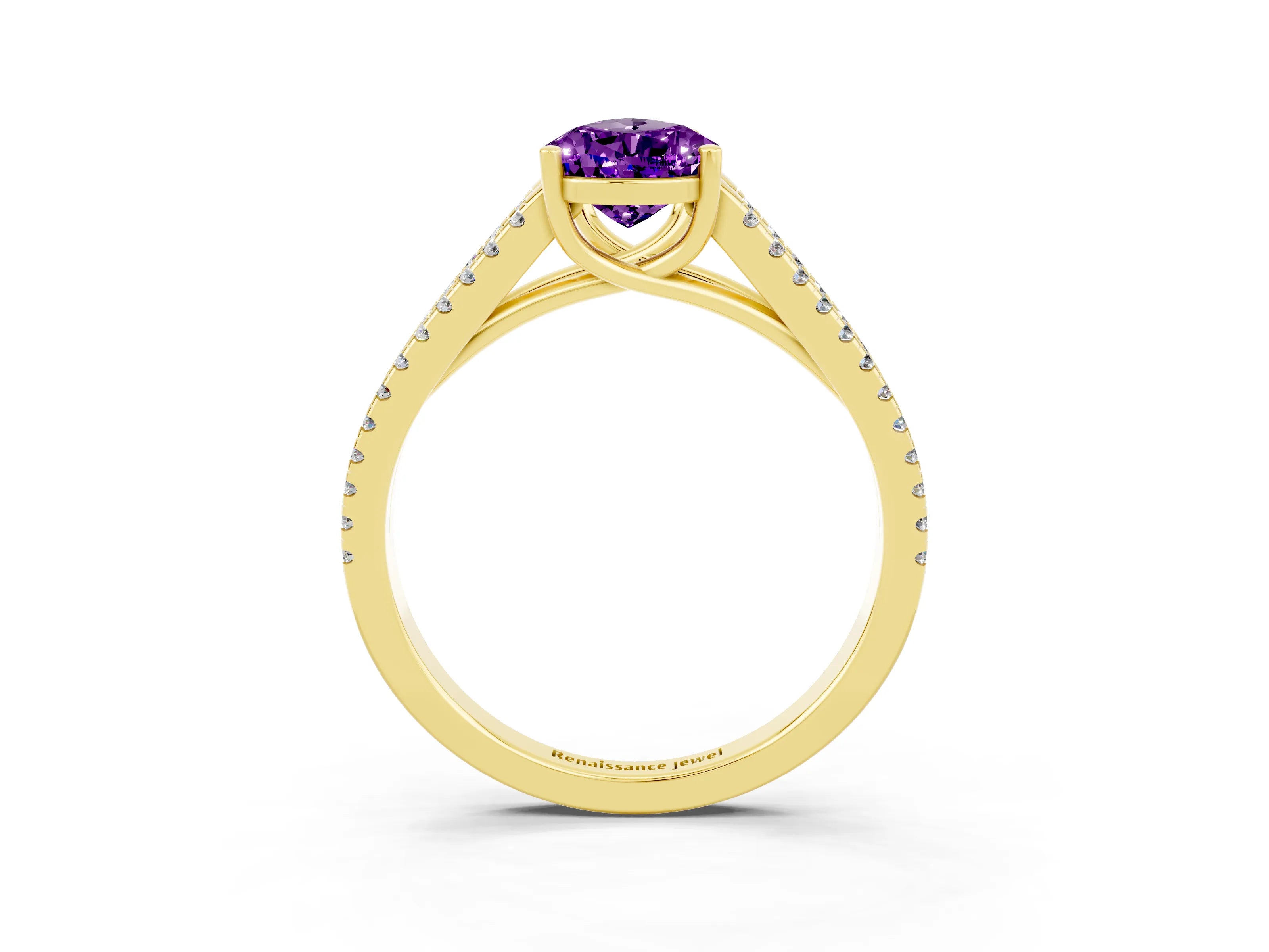 Yellow gold Pear Cut Amethyst Solitaire Engagement Ring with Split Shank Pavé Band_3