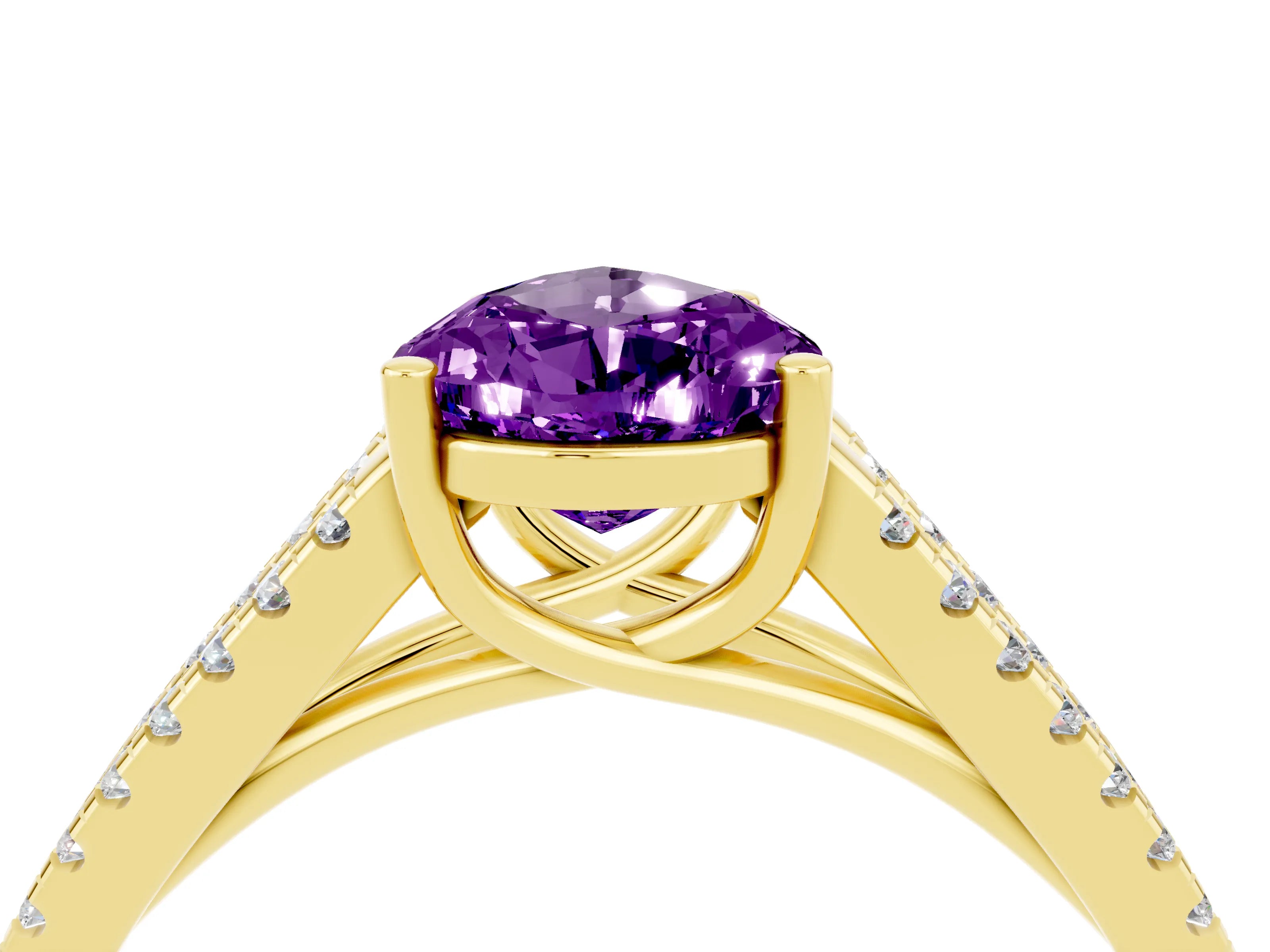Yellow gold Pear Cut Amethyst Solitaire Engagement Ring with Split Shank Pavé Band_4
