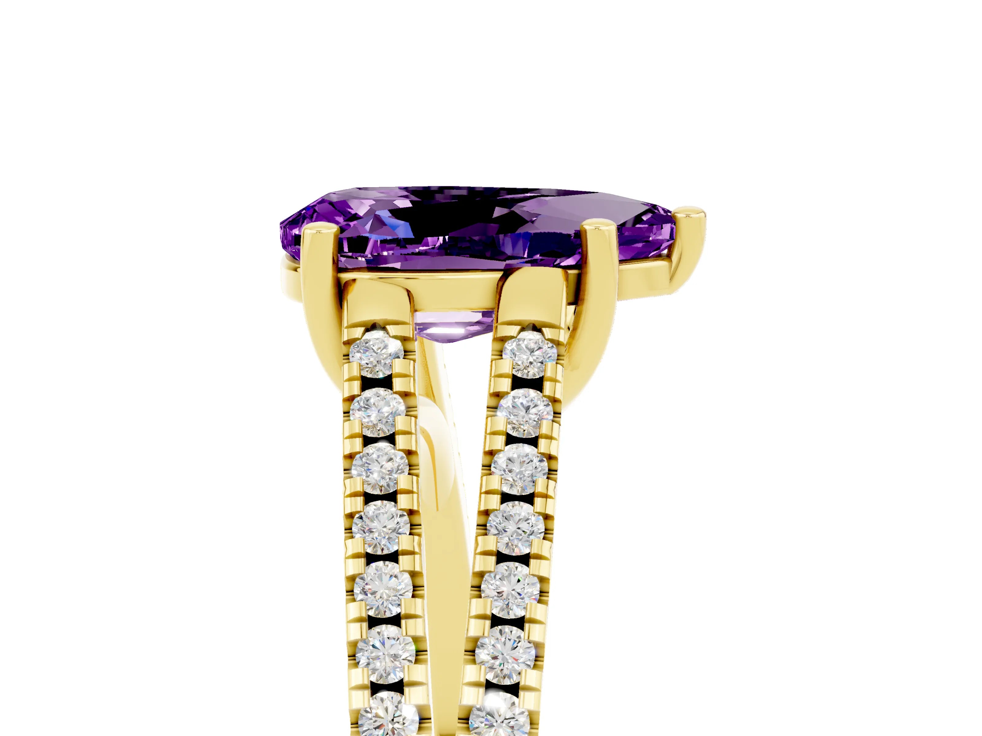 Yellow gold Pear Cut Amethyst Solitaire Engagement Ring with Split Shank Pavé Band_5