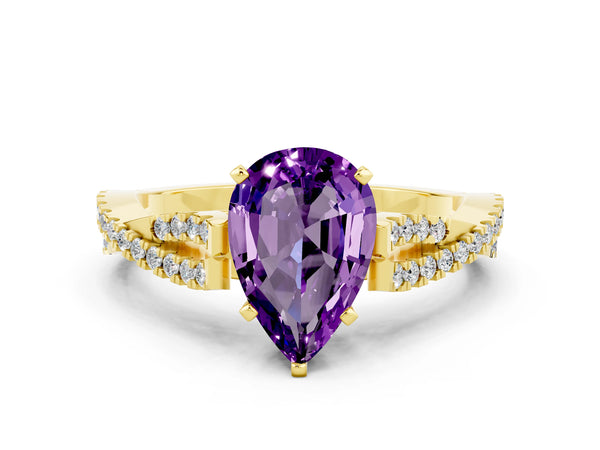 Yellow gold Pear Cut Amethyst Solitaire Engagement Ring with Twisted Pavé Band and Four-Prong Setting