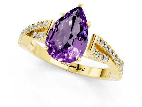 Yellow gold Pear Cut Amethyst Solitaire Engagement Ring with Twisted Pavé Band and Four-Prong Setting_1