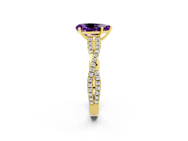 Yellow gold Pear Cut Amethyst Solitaire Engagement Ring with Twisted Pavé Band and Four-Prong Setting