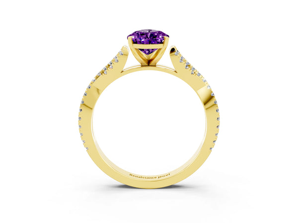 Yellow gold Pear Cut Amethyst Solitaire Engagement Ring with Twisted Pavé Band and Four-Prong Setting