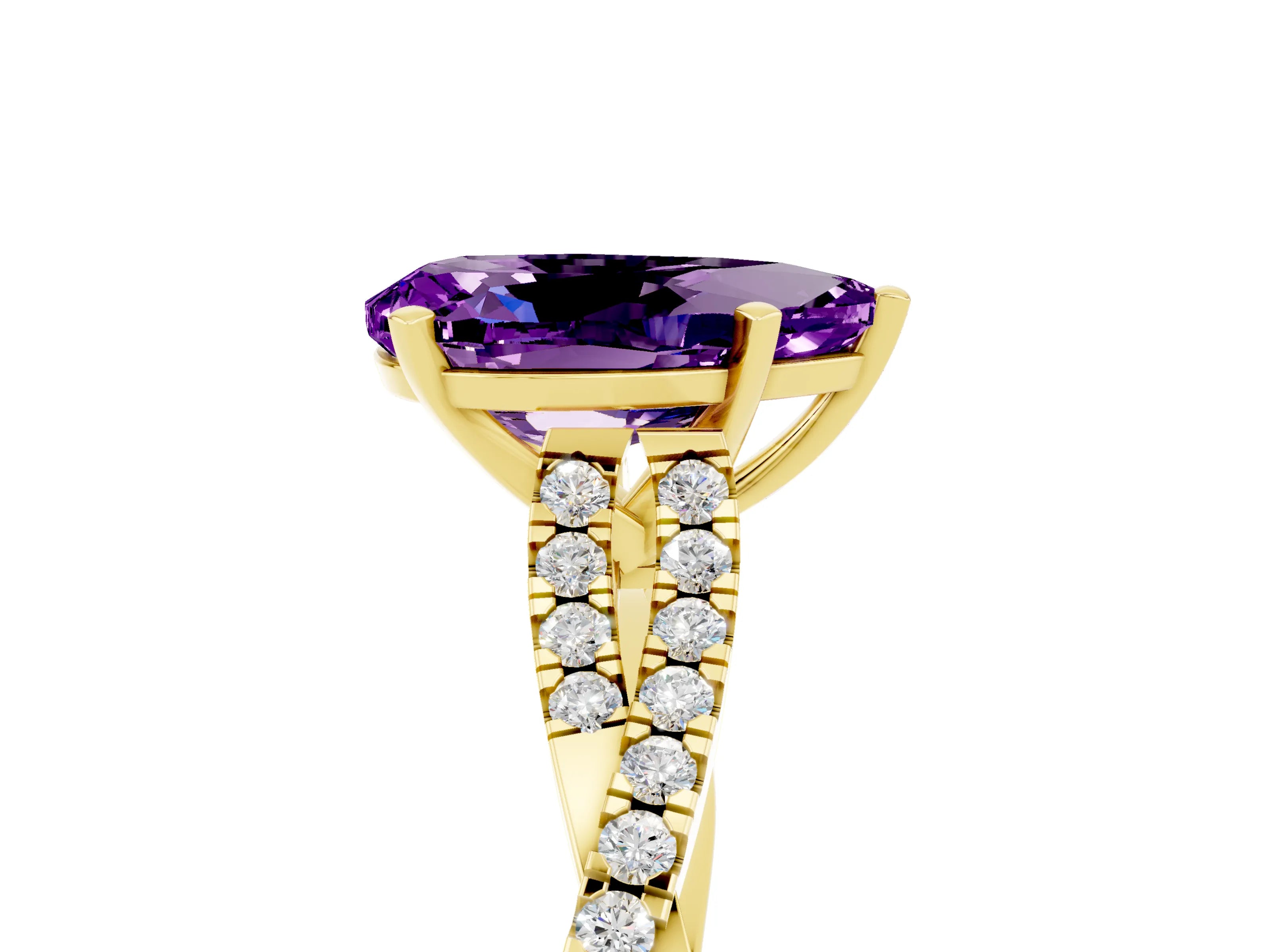 Yellow gold Pear Cut Amethyst Solitaire Engagement Ring with Twisted Pavé Band and Four-Prong Setting_5