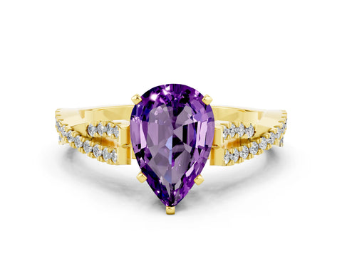 Yellow gold Pear Cut Amethyst Solitaire Engagement Ring with Twisted Pavé Band and Four-Prong Setting