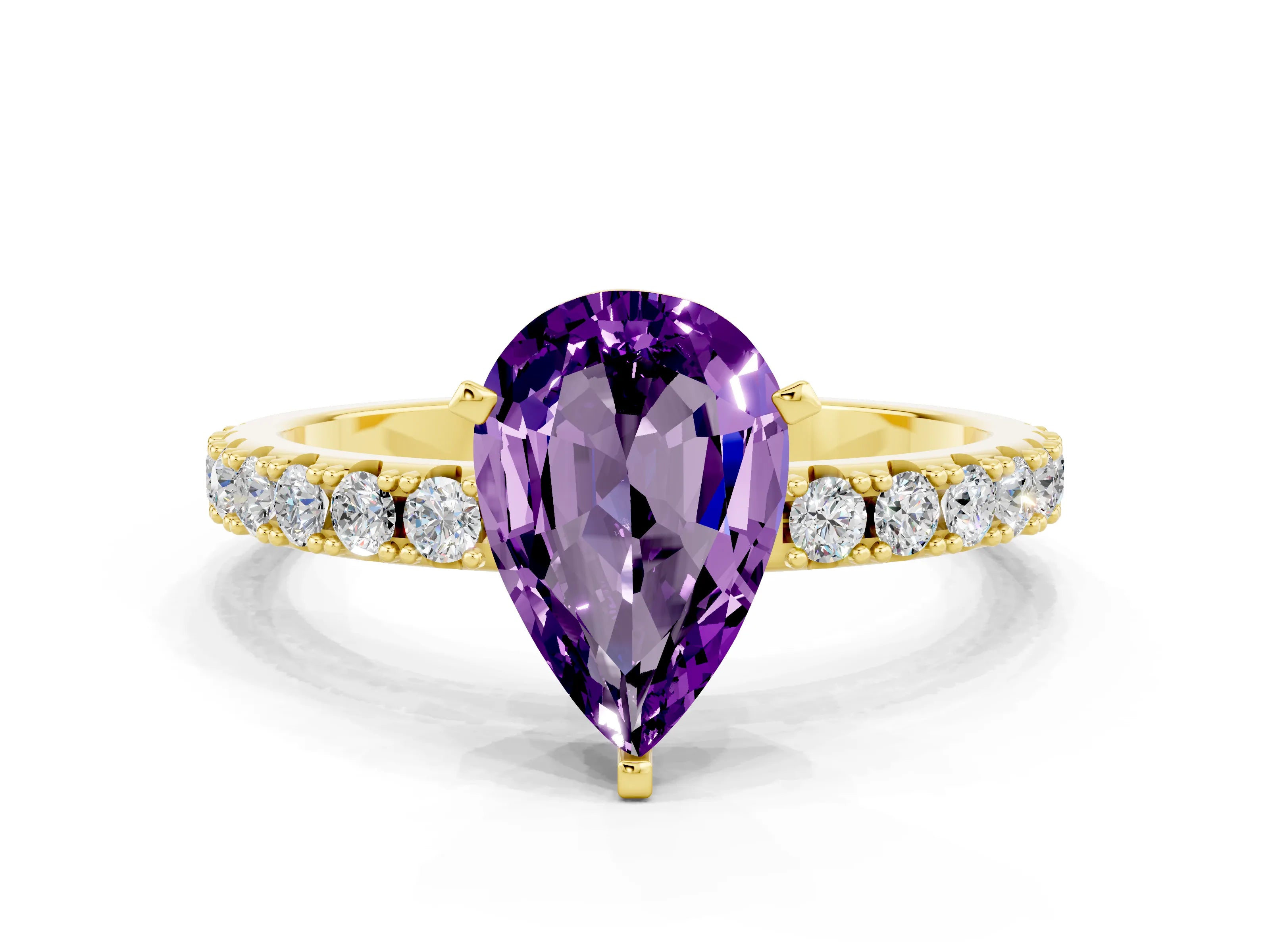 Yellow gold Pear Cut Amethyst Solitaire Pavé Band with Four-Prong Setting