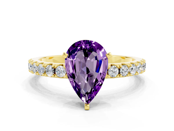 Yellow gold Pear Cut Amethyst Solitaire Pavé Band with Four-Prong Setting