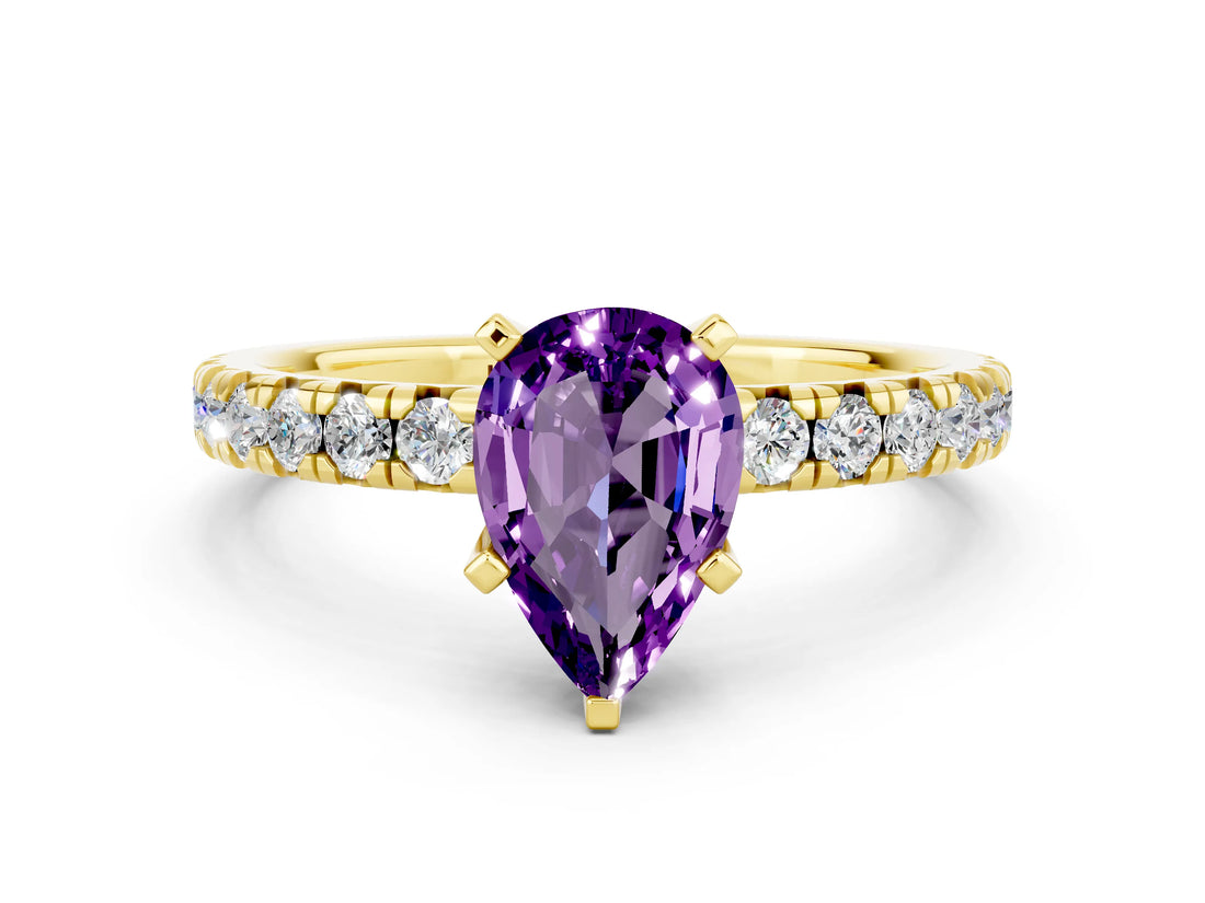 Yellow gold Pear Cut Amethyst Solitaire Pavé Engagement Ring with Round Band and Prong Setting_73