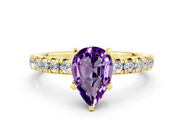 Yellow gold Pear Cut Amethyst Solitaire Pavé Engagement Ring with Round Band and Prong Setting