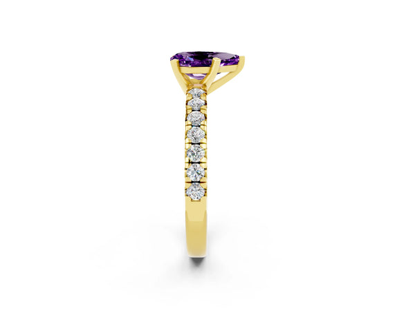 Yellow gold Pear Cut Amethyst Solitaire Pavé Engagement Ring with Round Band and Prong Setting