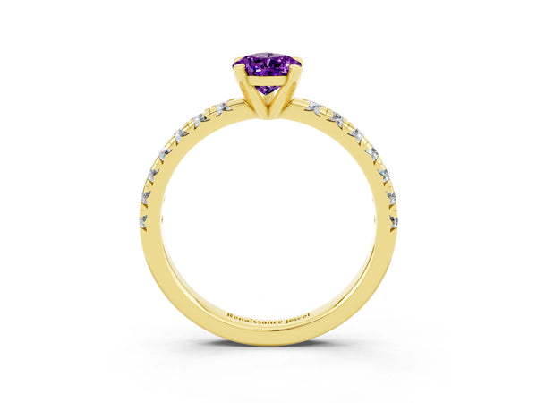 Yellow gold Pear Cut Amethyst Solitaire Pavé Engagement Ring with Round Band and Prong Setting