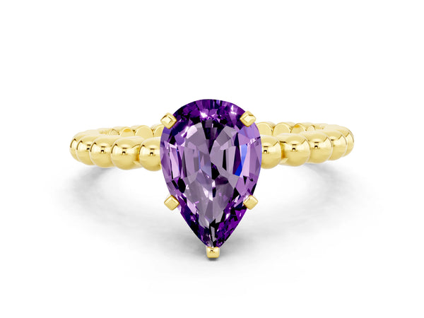 Yellow gold Pear Cut Amethyst Solitaire Ring with Beaded Band and Prong Setting