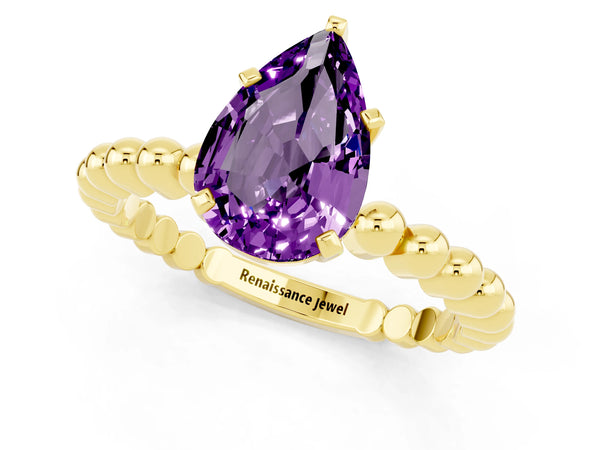 Yellow gold Pear Cut Amethyst Solitaire Ring with Beaded Band and Prong Setting