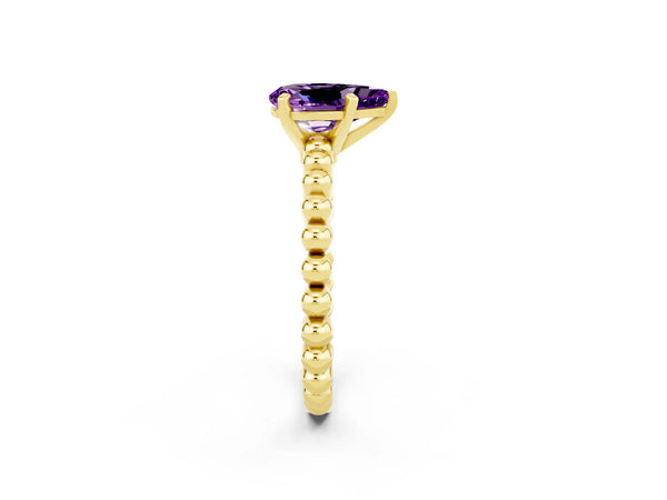 Yellow gold Pear Cut Amethyst Solitaire Ring with Beaded Band and Prong Setting
