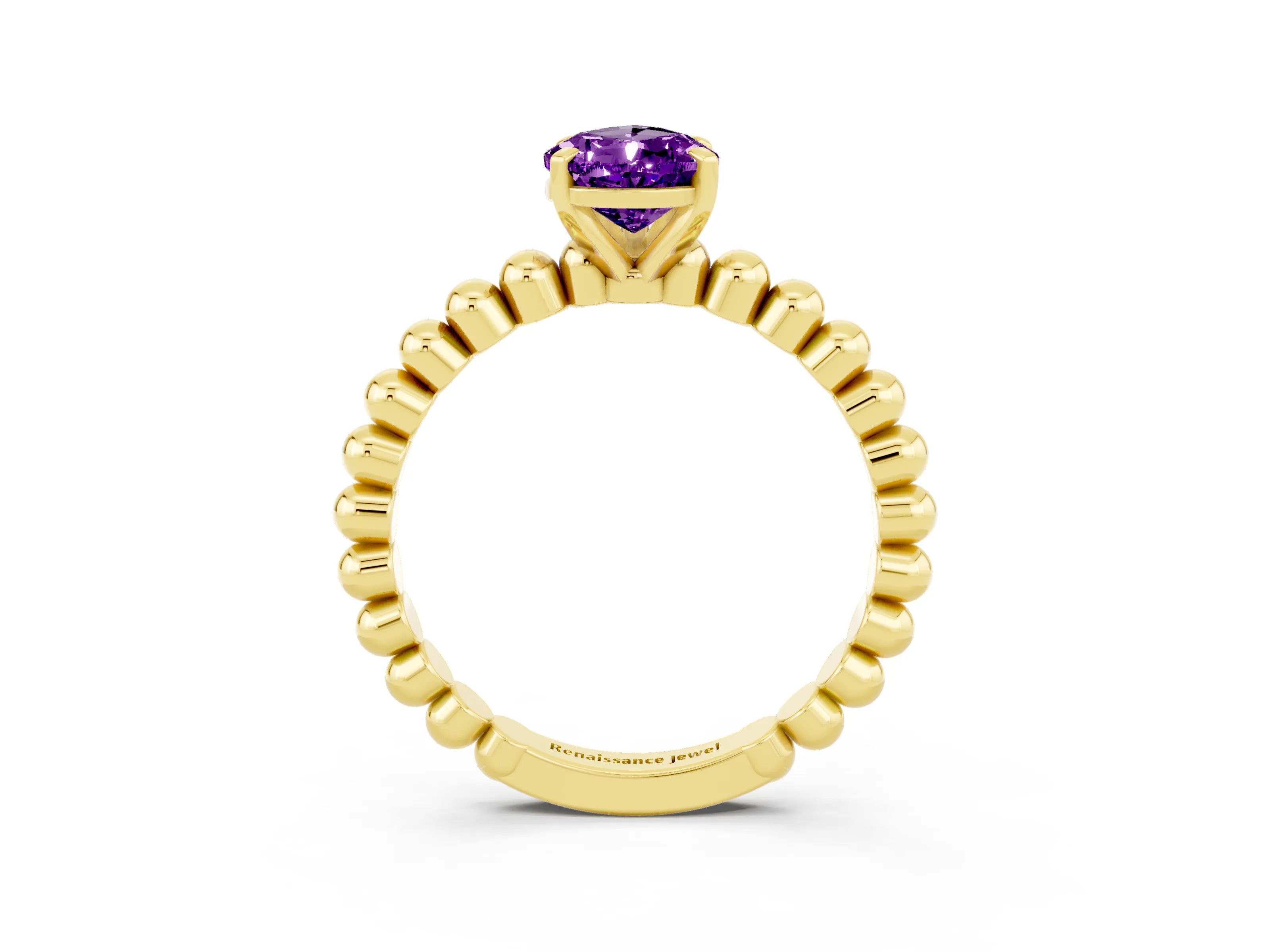 Yellow gold Pear Cut Amethyst Solitaire Ring with Beaded Band and Prong Setting_3