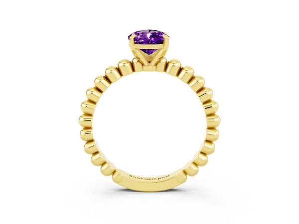 Yellow gold Pear Cut Amethyst Solitaire Ring with Beaded Band and Prong Setting
