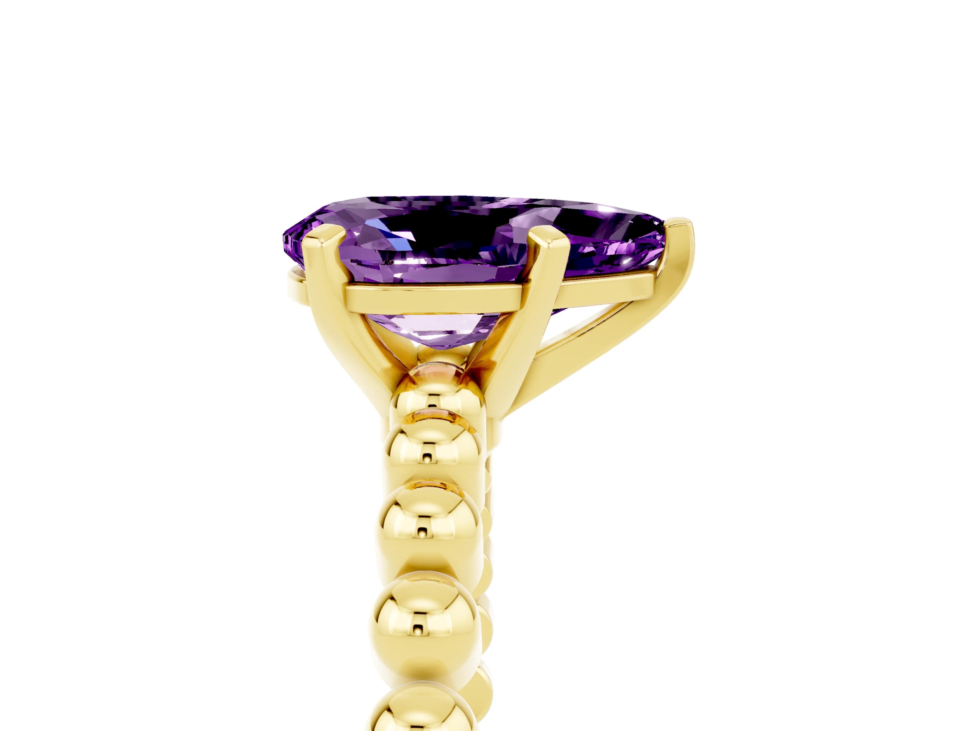 Yellow gold Pear Cut Amethyst Solitaire Ring with Beaded Band and Prong Setting_5