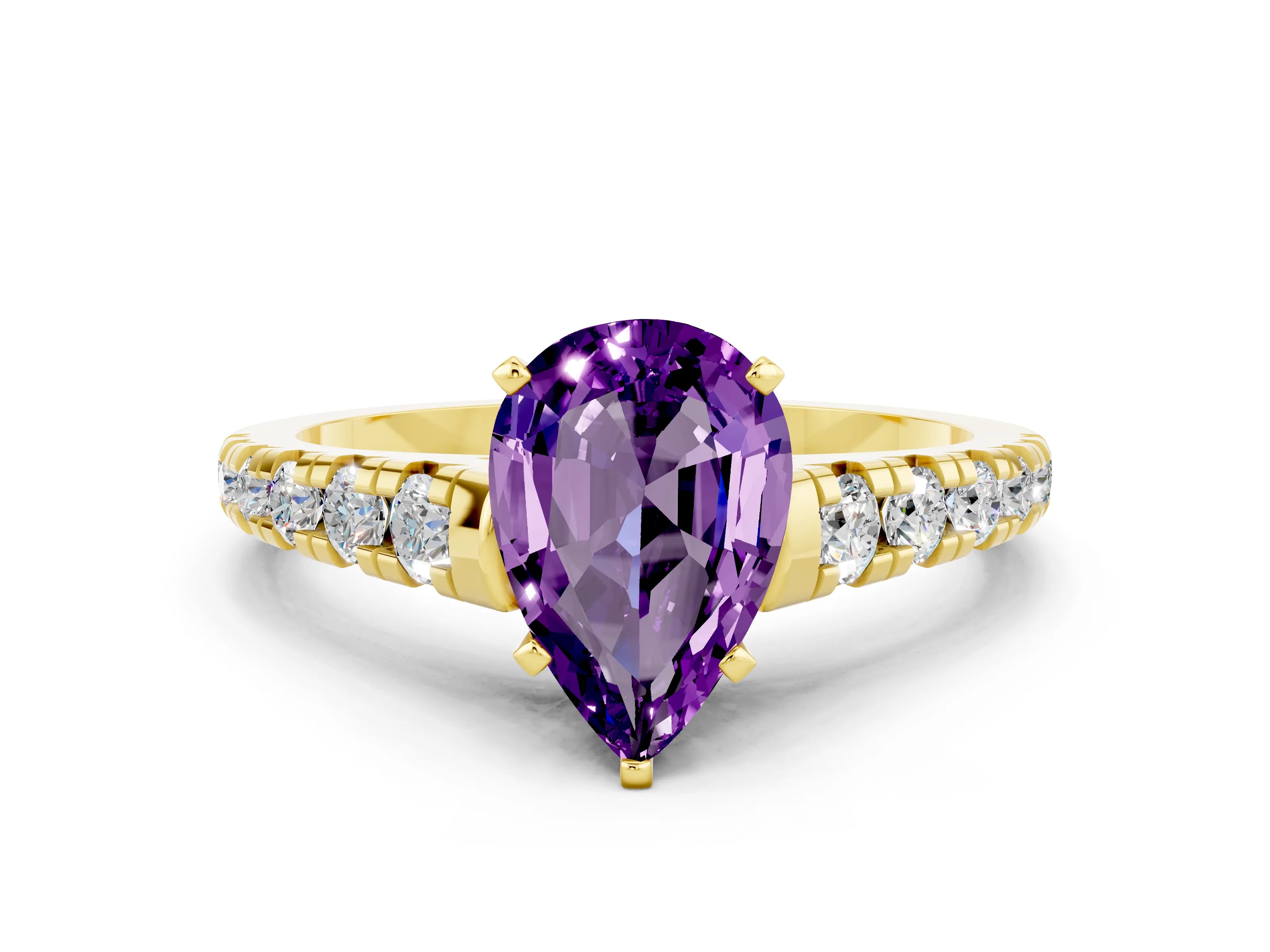 Yellow gold Pear Cut Amethyst Solitaire Ring with Cathedral Setting and Pavé Band