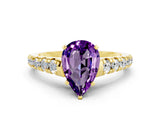 Yellow gold Pear Cut Amethyst Solitaire Ring with Cathedral Setting and Pavé Band