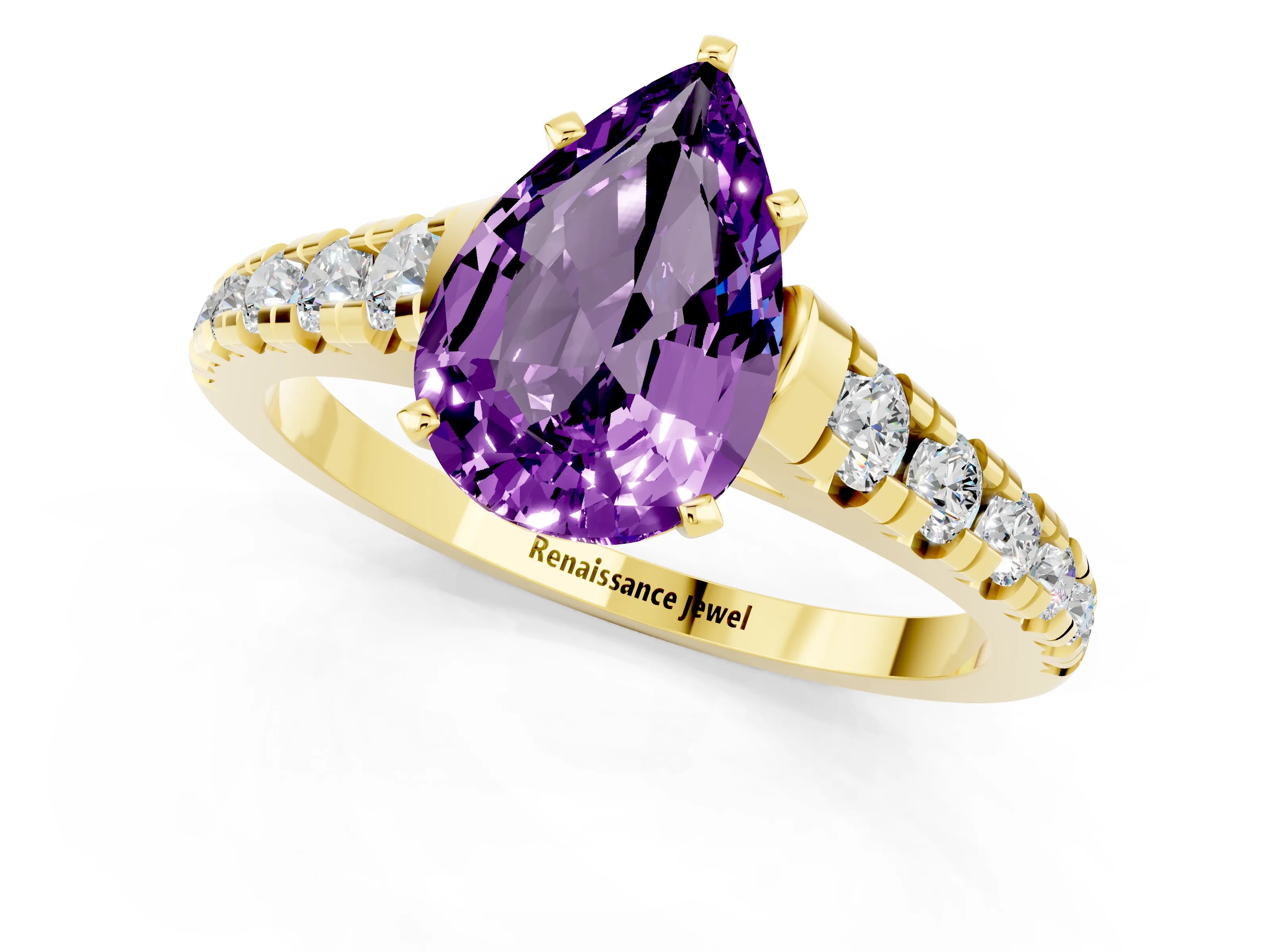 Yellow gold Pear Cut Amethyst Solitaire Ring with Cathedral Setting and Pavé Band_1