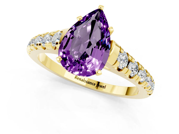 Yellow gold Pear Cut Amethyst Cathedral Solitaire Ring with Round  Pavé Band