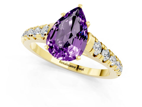 Yellow gold Pear Cut Amethyst Solitaire Ring with Cathedral Setting and Pavé Band_1