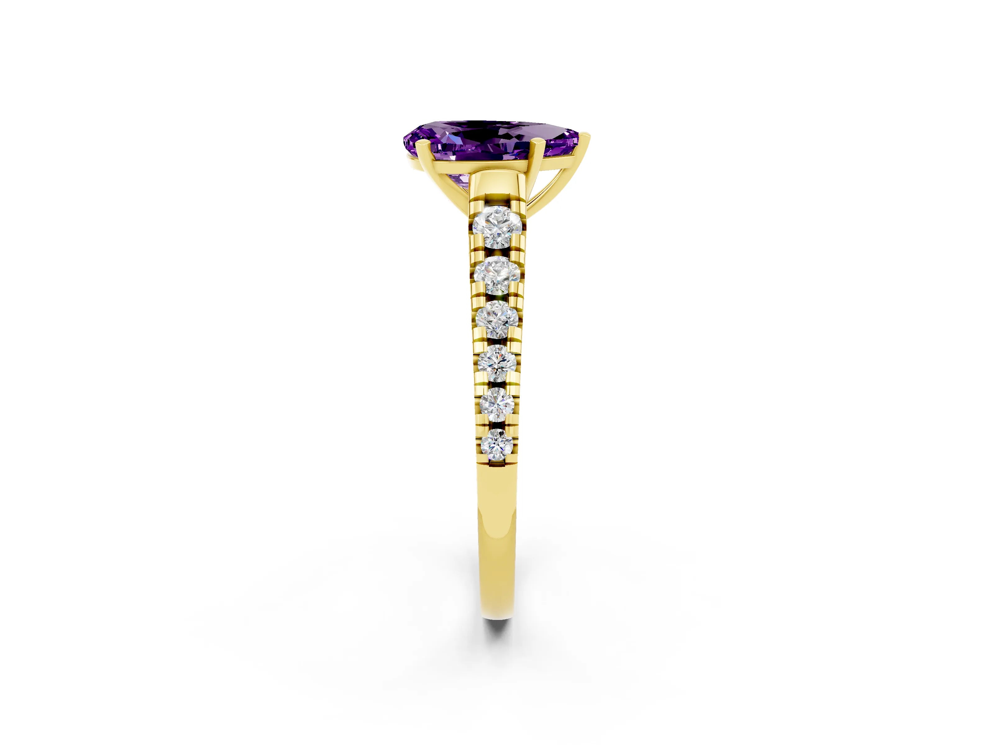 Yellow gold Pear Cut Amethyst Solitaire Ring with Cathedral Setting and Pavé Band_2
