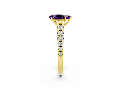Yellow gold Pear Cut Amethyst Solitaire Ring with Cathedral Setting and Pavé Band_2