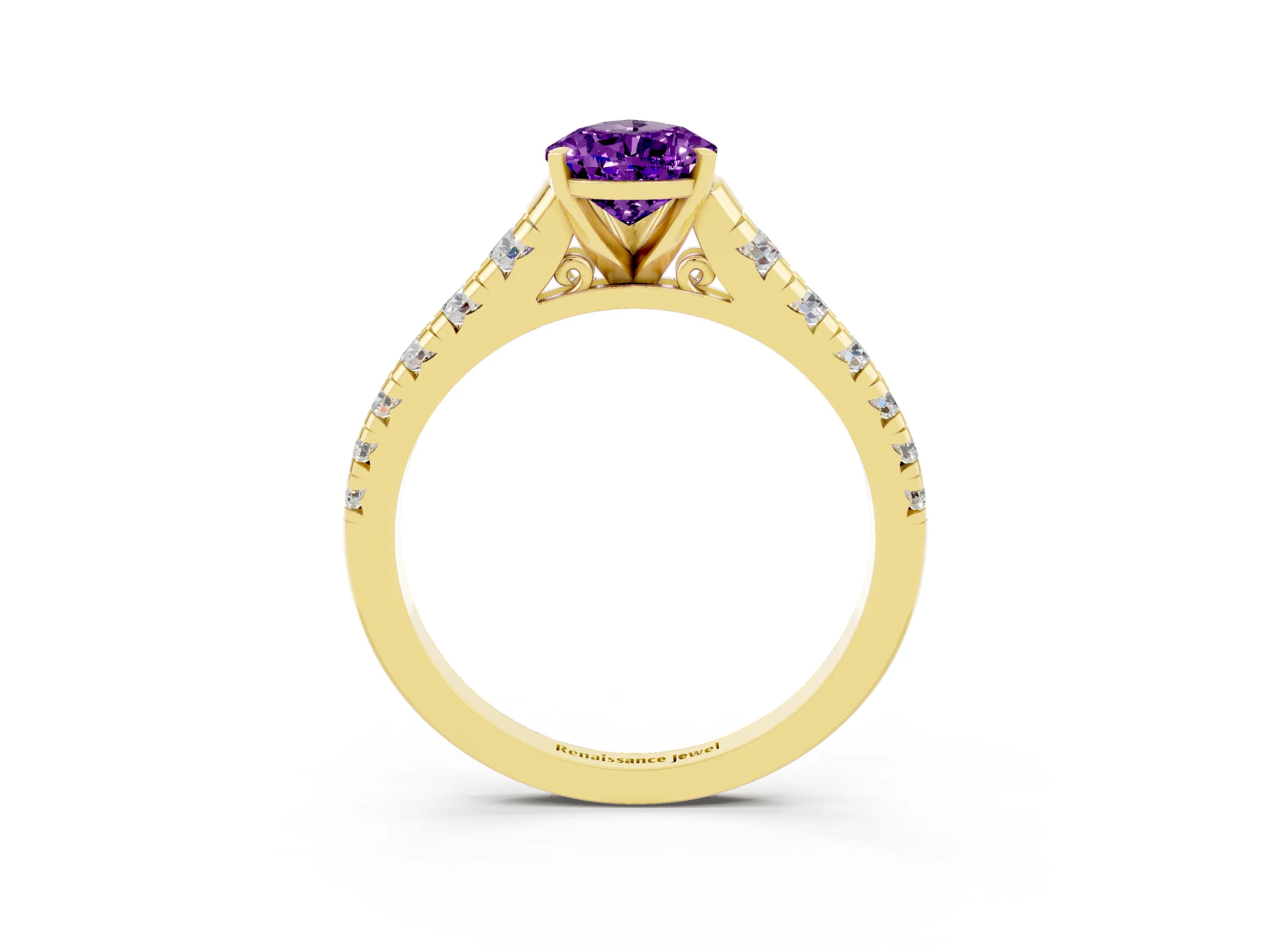 Yellow gold Pear Cut Amethyst Solitaire Ring with Cathedral Setting and Pavé Band_3