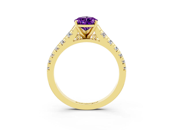 Yellow gold Pear Cut Amethyst Cathedral Solitaire Ring with Round  Pavé Band