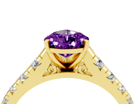 Yellow gold Pear Cut Amethyst Solitaire Ring with Cathedral Setting and Pavé Band_4