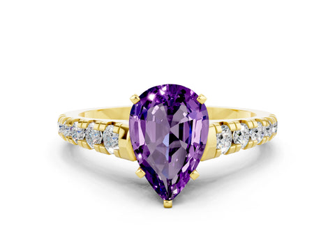 Yellow gold Pear Cut Amethyst Solitaire Ring with Cathedral Setting and Pavé Band
