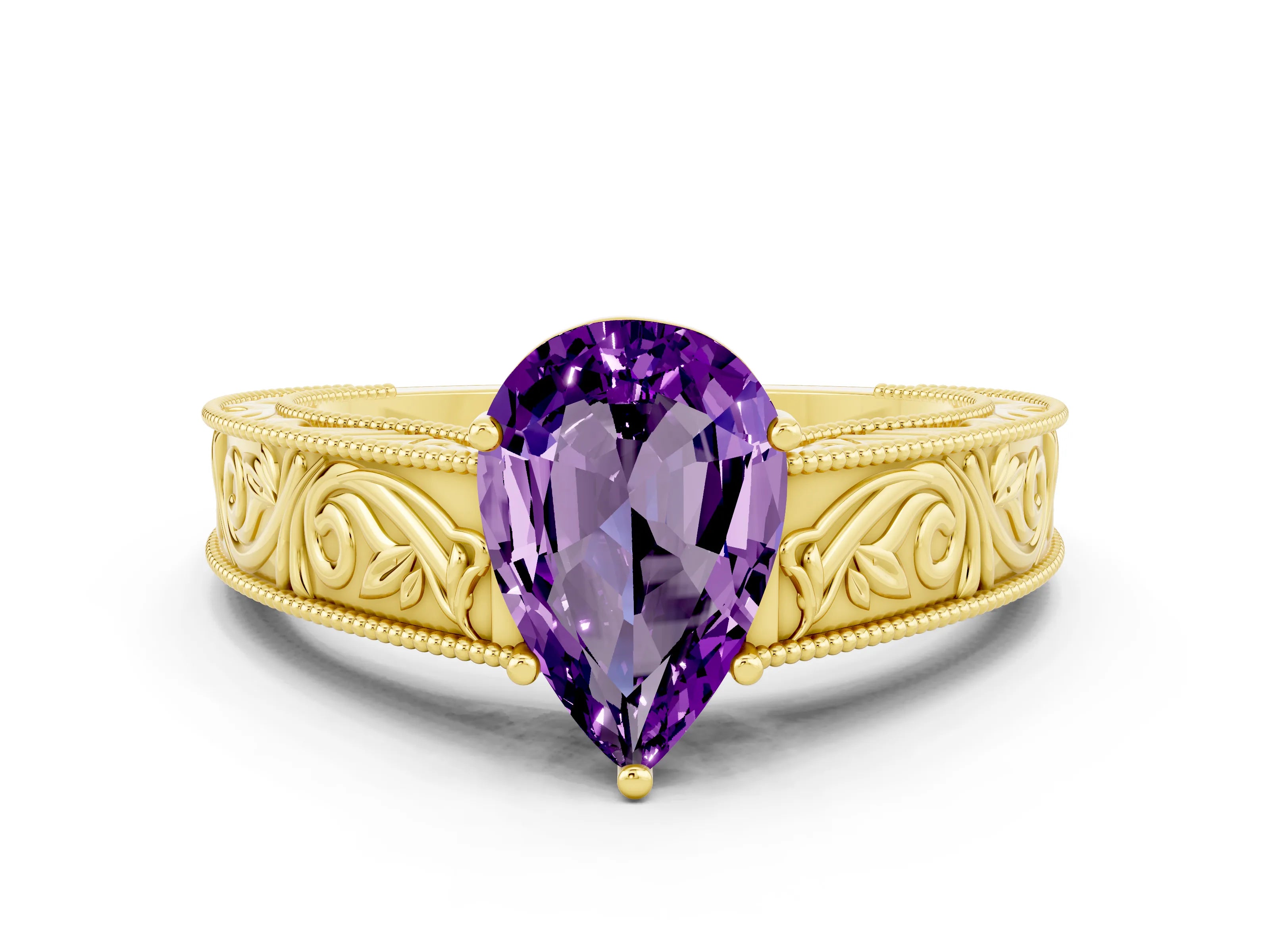 Yellow gold Pear Cut Amethyst Solitaire Ring with Engraved Band and Four-Prong Setting