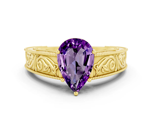 Yellow Gold Pear-Shaped Amethyst Vintage Engraved Solitaire Engagement Ring with Wide Milgrain Band