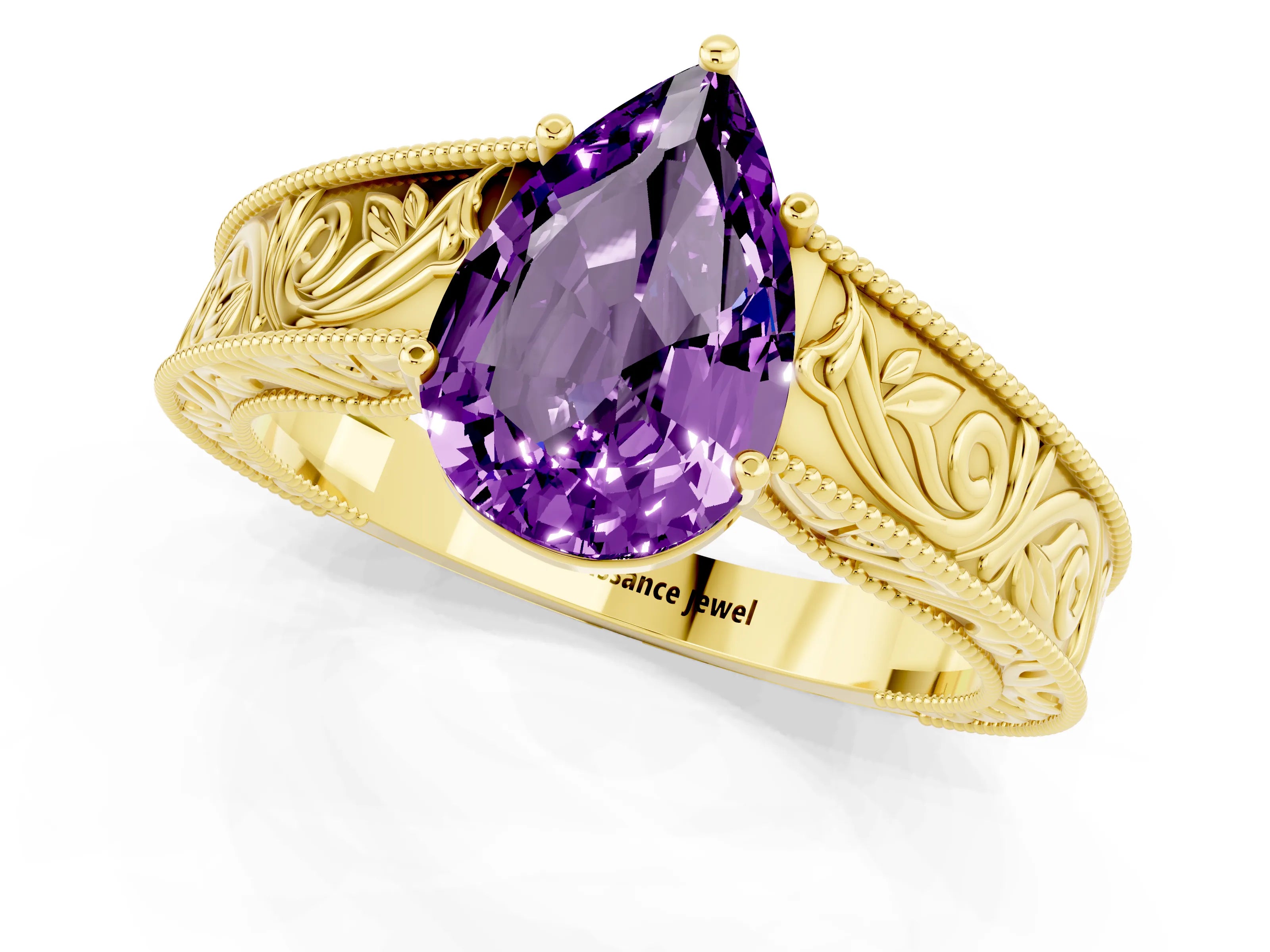 Yellow gold Pear Cut Amethyst Solitaire Ring with Engraved Band and Four-Prong Setting_1