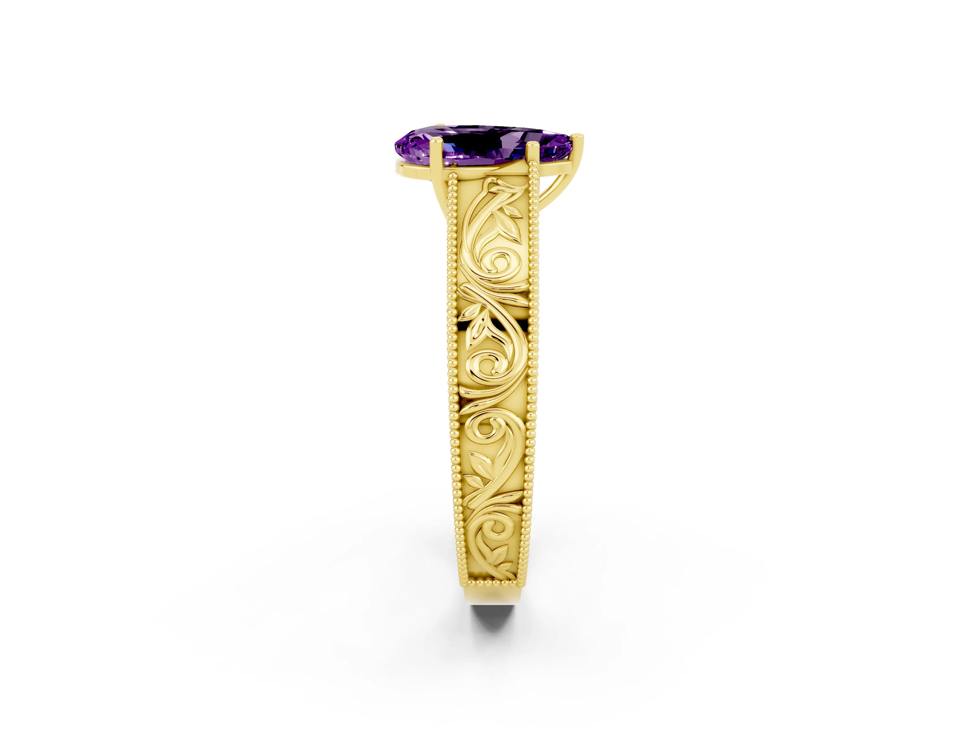 Yellow gold Pear Cut Amethyst Solitaire Ring with Engraved Band and Four-Prong Setting_2