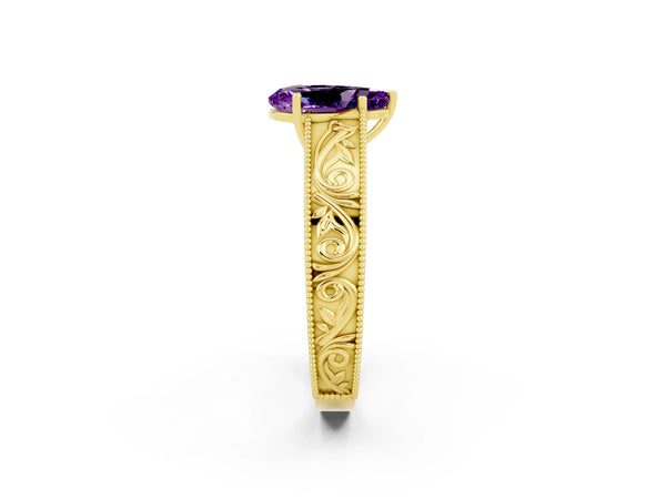 Yellow Gold Pear-Shaped Amethyst Vintage Engraved Solitaire Engagement Ring with Wide Milgrain Band