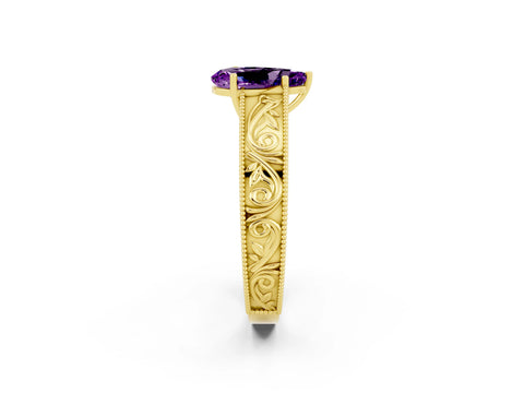 Yellow gold Pear Cut Amethyst Solitaire Ring with Engraved Band and Four-Prong Setting_2