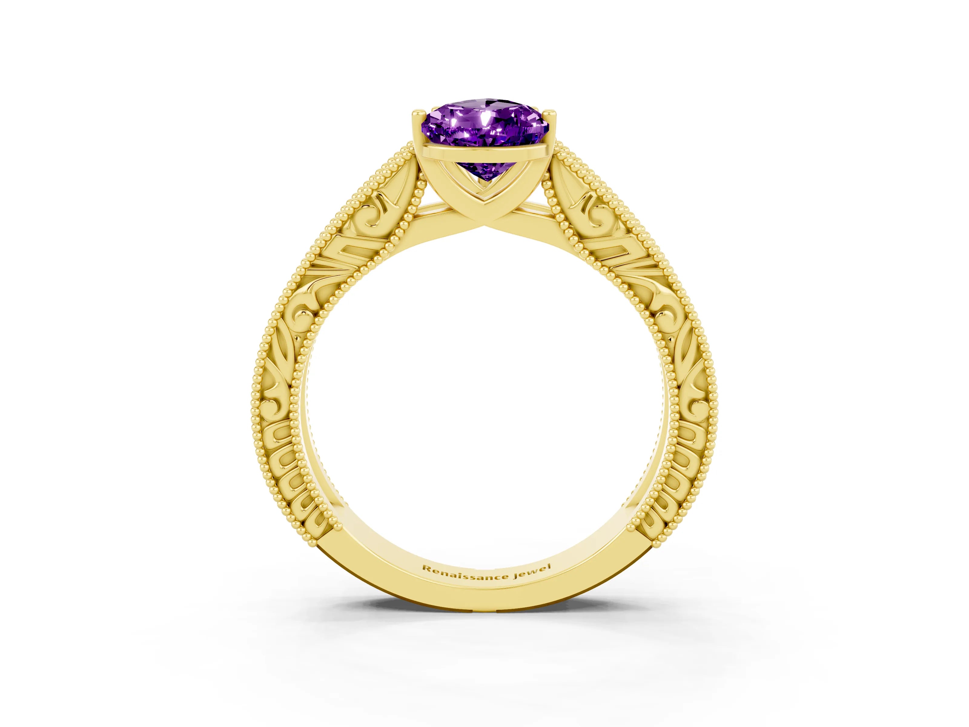 Yellow gold Pear Cut Amethyst Solitaire Ring with Engraved Band and Four-Prong Setting_3
