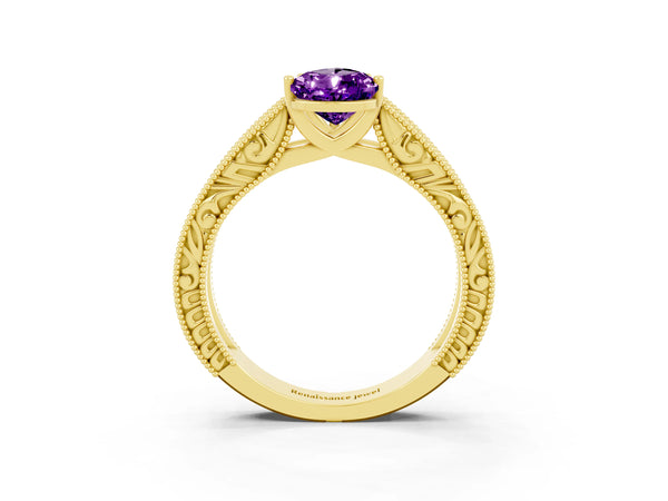 Yellow Gold Pear-Shaped Amethyst Vintage Engraved Solitaire Engagement Ring with Wide Milgrain Band