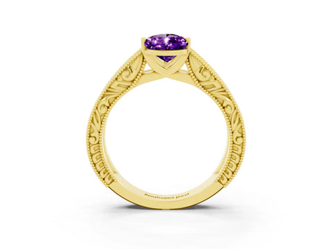 Yellow gold Pear Cut Amethyst Solitaire Ring with Engraved Band and Four-Prong Setting_3
