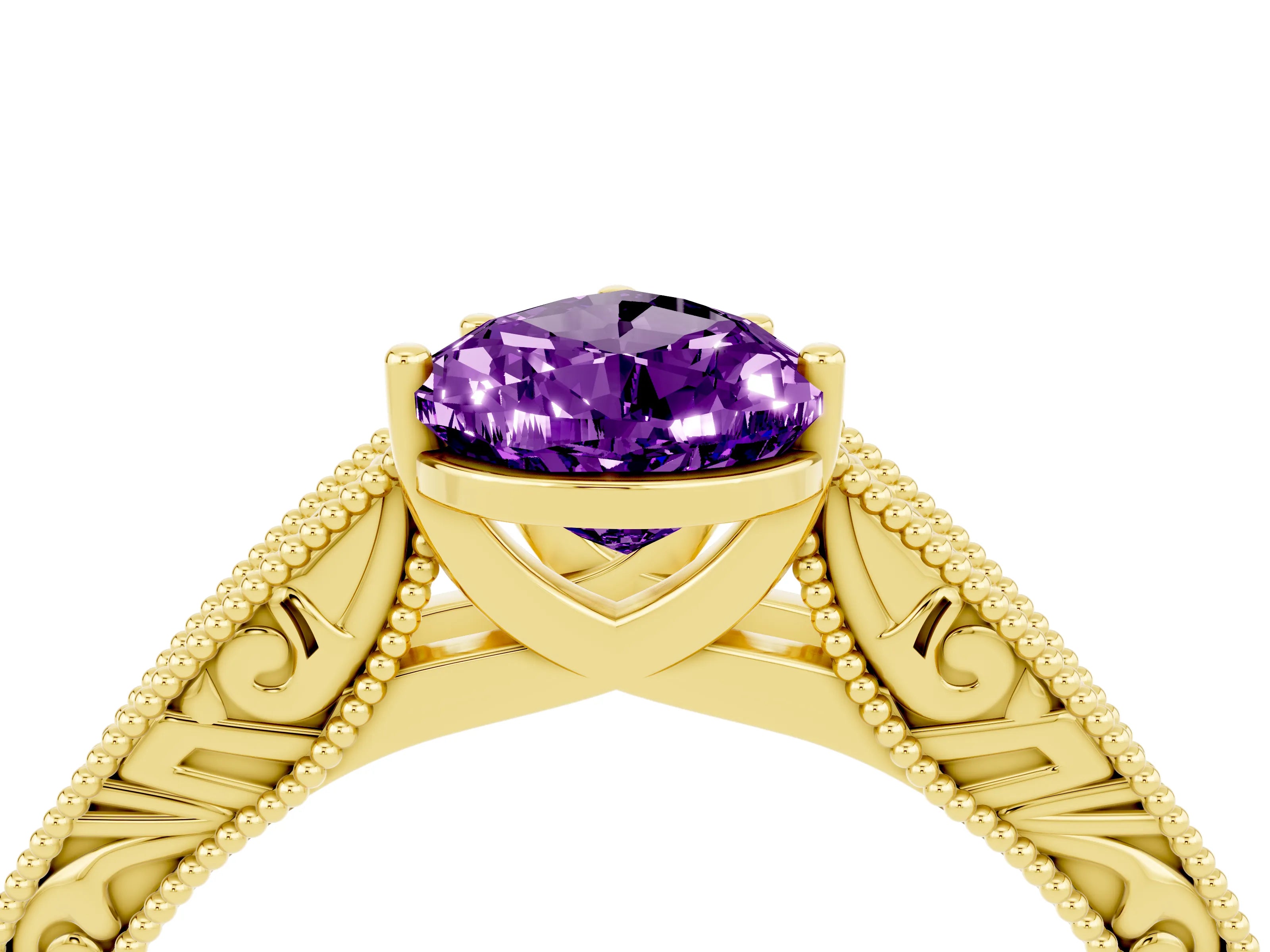 Yellow gold Pear Cut Amethyst Solitaire Ring with Engraved Band and Four-Prong Setting_4
