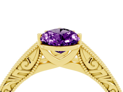 Yellow gold Pear Cut Amethyst Solitaire Ring with Engraved Band and Four-Prong Setting_4