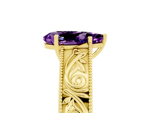 Yellow gold Pear Cut Amethyst Solitaire Ring with Engraved Band and Four-Prong Setting_5