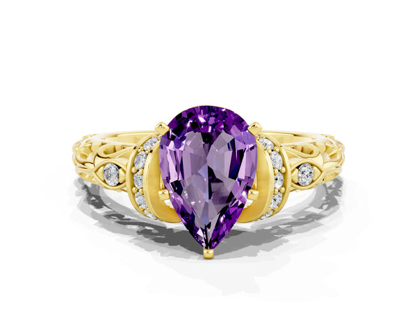 Yellow gold Pear Cut Amethyst Solitaire Ring with Filigree Band and Four-Prong Setting