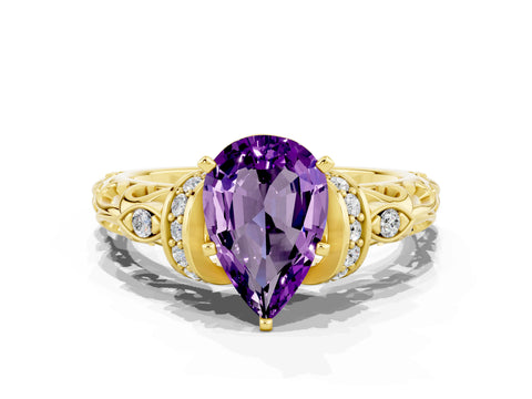 Yellow gold Pear Cut Amethyst Solitaire Ring with Filigree Band and Four-Prong Setting_48