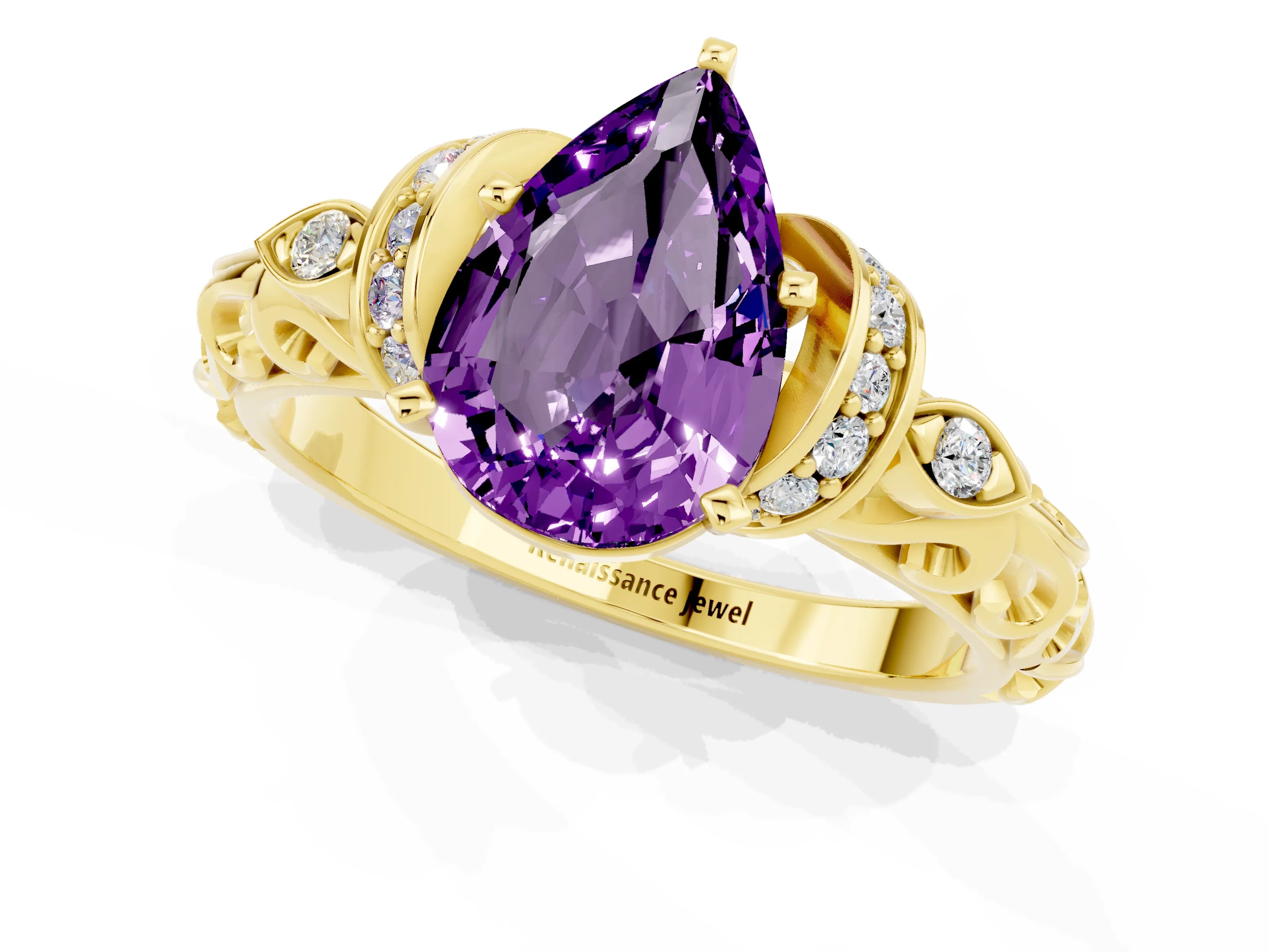 Yellow gold Pear Cut Amethyst Solitaire Ring with Filigree Band and Four-Prong Setting_49