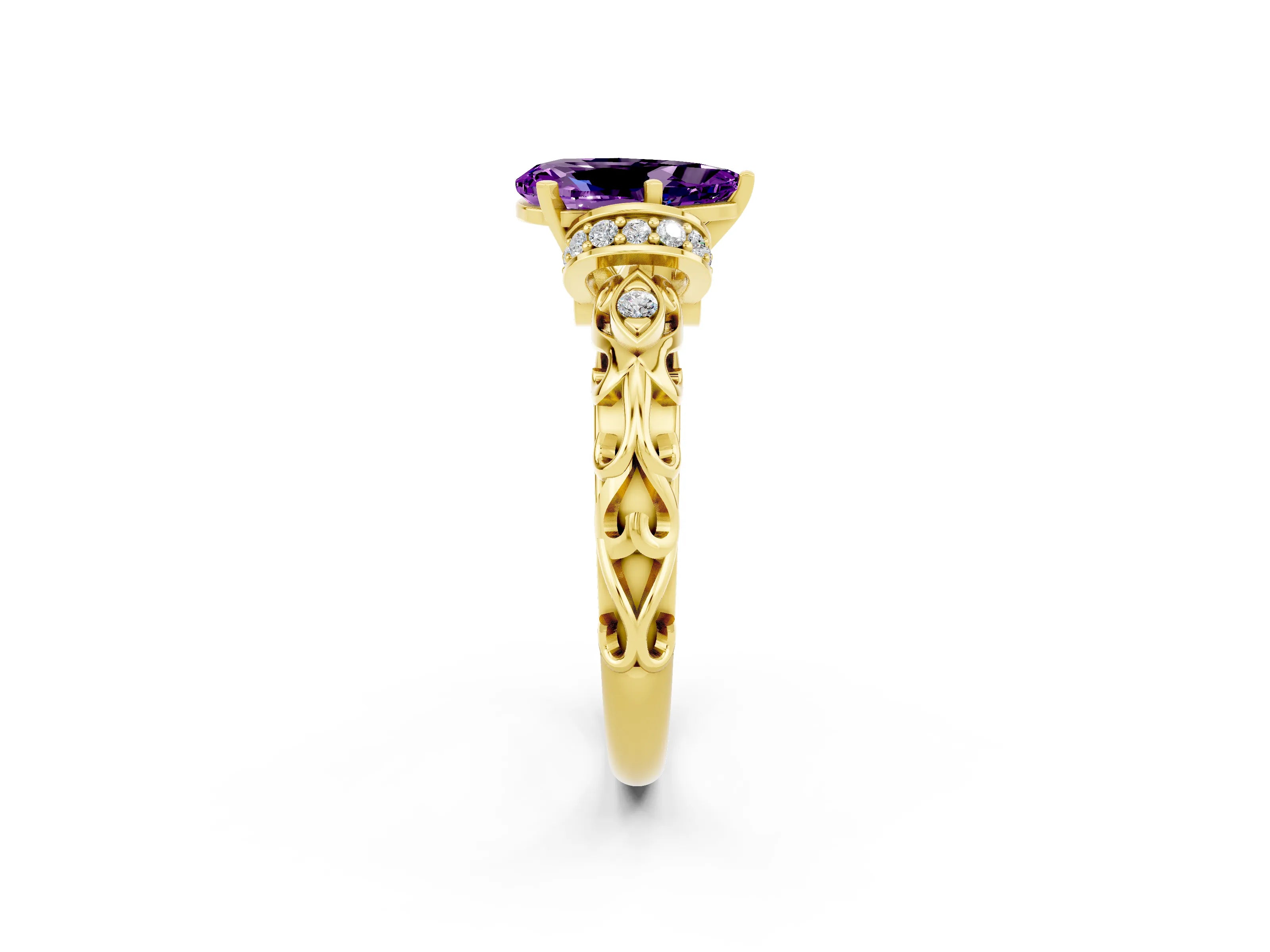 Yellow gold Pear Cut Amethyst Solitaire Ring with Filigree Band and Four-Prong Setting_50