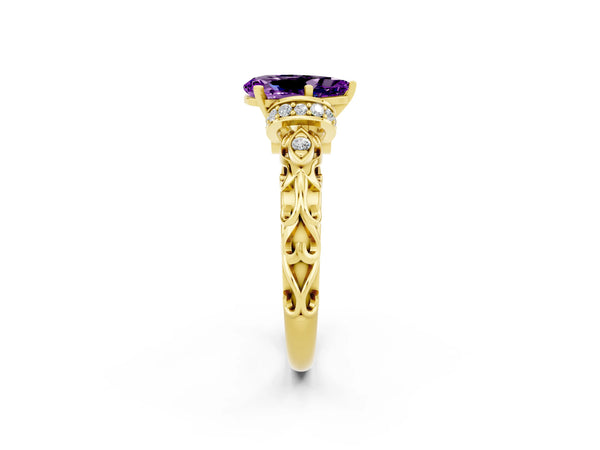 Yellow gold Pear Cut Amethyst Solitaire Ring with Filigree Band and Four-Prong Setting